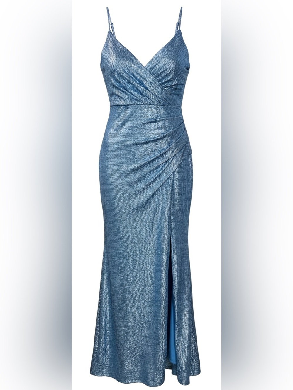 Night Way Collections Metallic Steel Blue V-Neck Formal Homecoming Dress